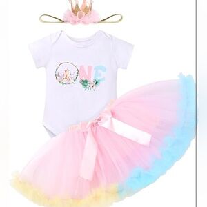 Baby Girls 1st Birthday Outfit Jungle Safari Romper Skirt Crown Headband Set NEW